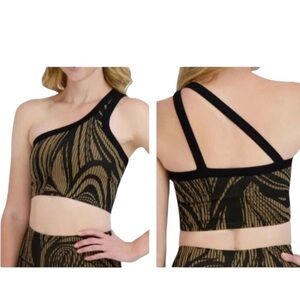 Sage Collective stealth split one shoulder sports bra asymmetric tan black